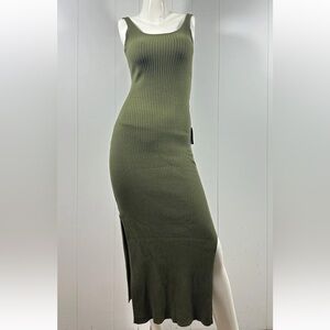 NEW Lulus Olive Green Sz S Maxi Dress Stretchy Ribbed Knit High Slit Leg